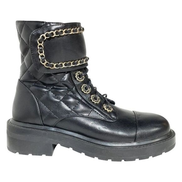 Azalea Wang black faux leather quilted combat boots gold 11 - Picture 2 of 7